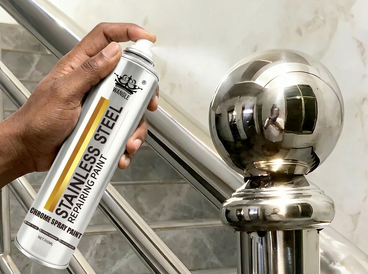Chrome restoration spray on staircase railing