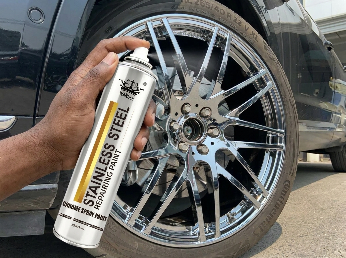 Man spraying ShinePro chrome spray on car rim
