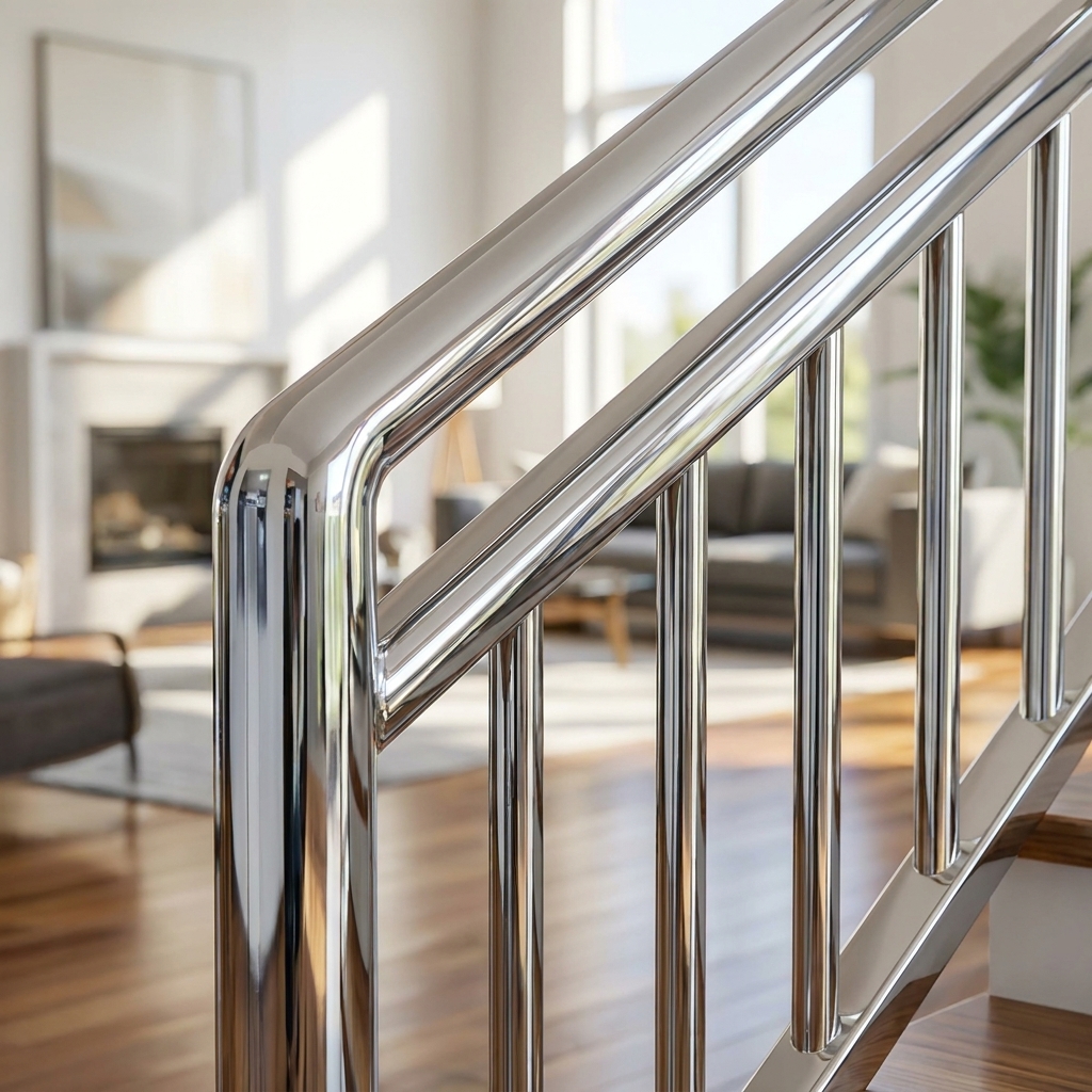 After — gleaming chrome staircase railing with ShinePro
