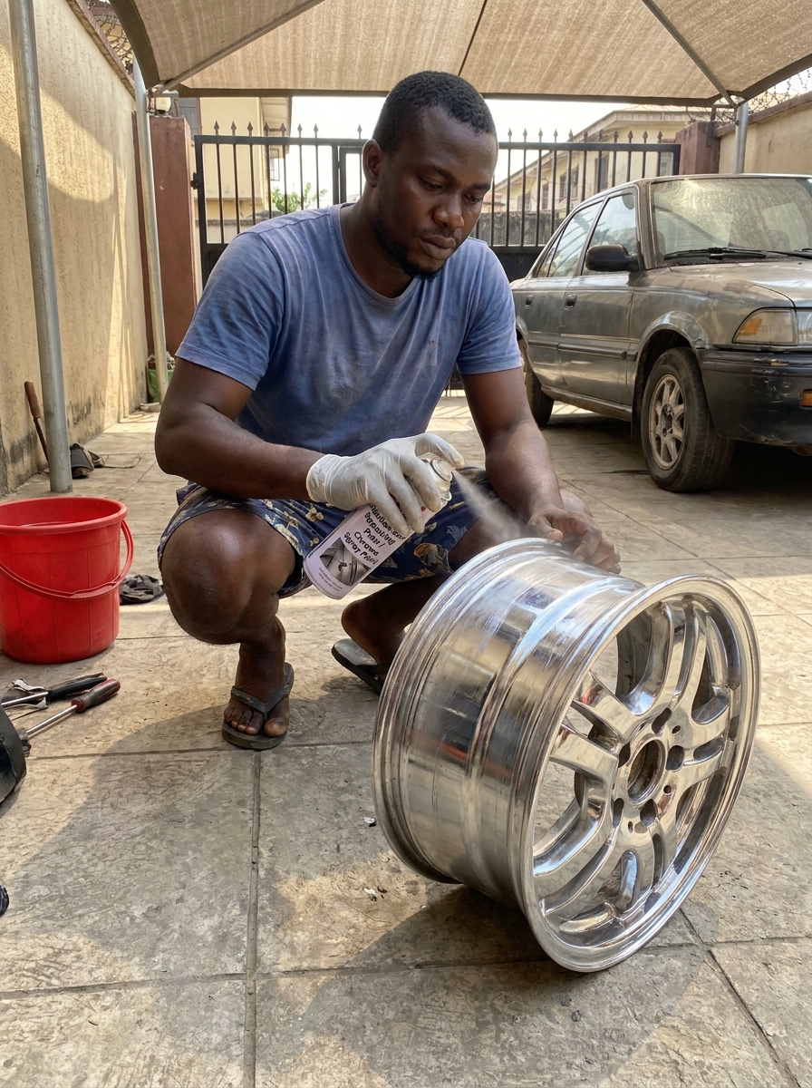 Emeka working on a car rim at home