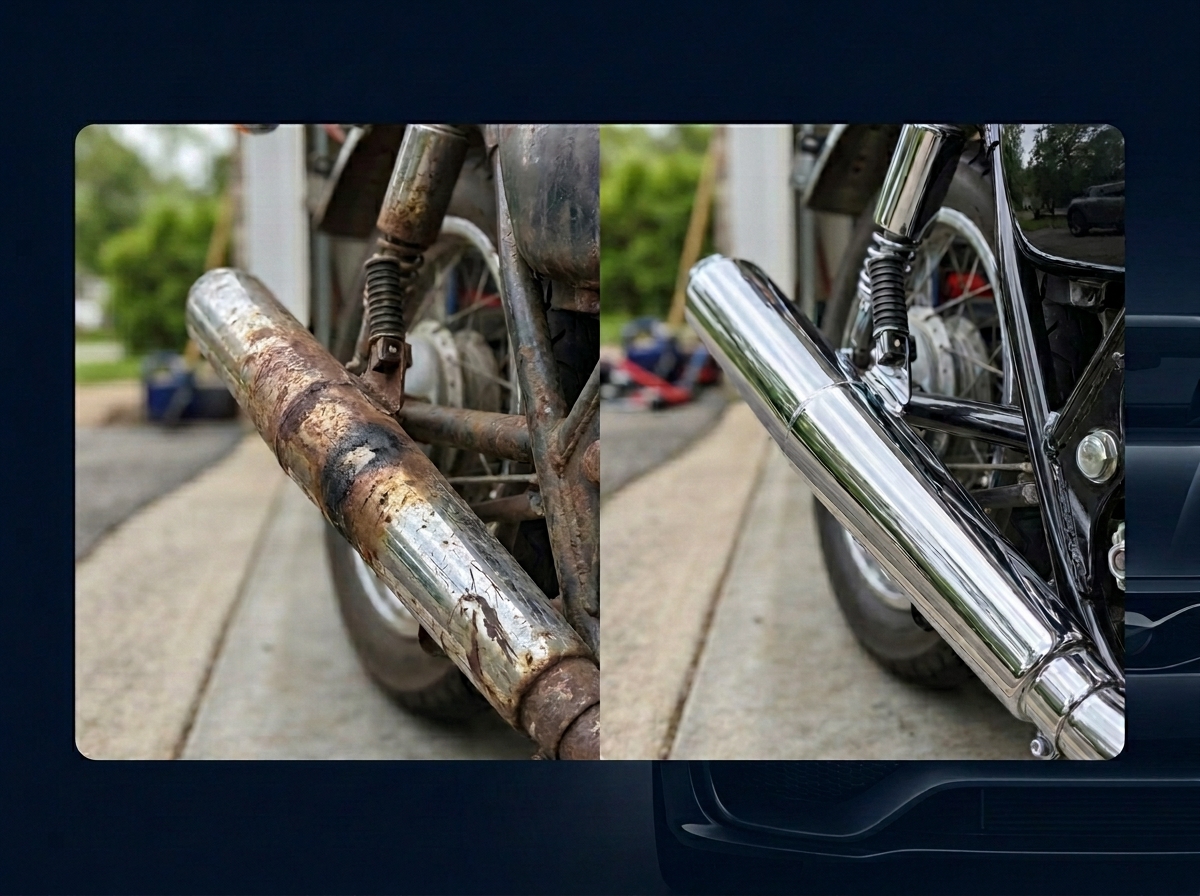 Chrome restoration spray on motorcycle exhaust